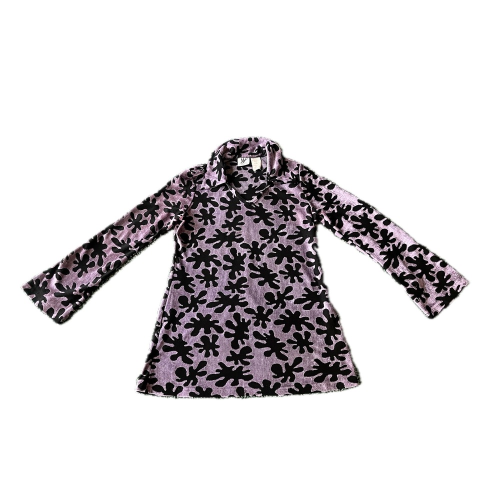 Vintage 70s Purple Black Abstract Print Tunic Top Long Sleeve Sz L Disco Funky
